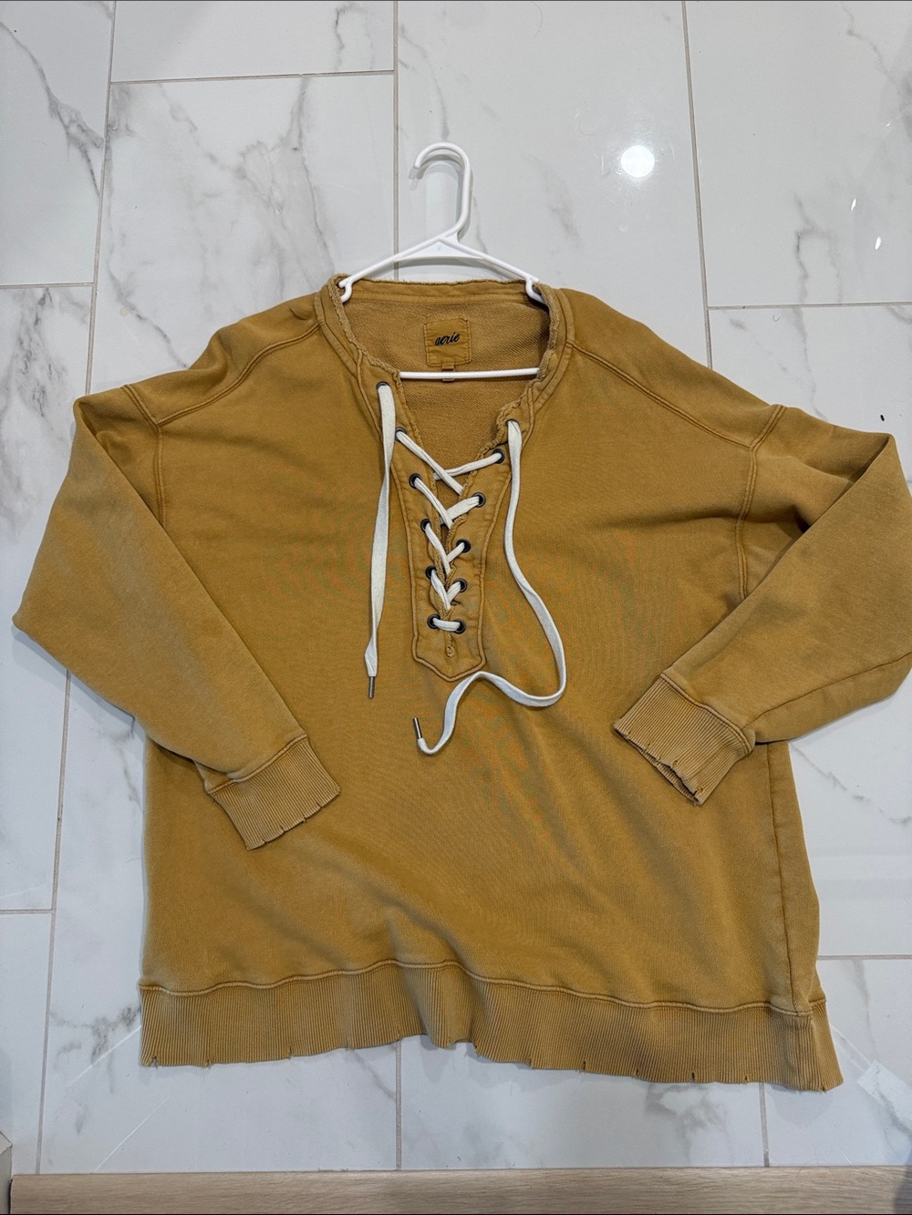 Aerie Mustard Lace-Up Pullover Sweatshirt